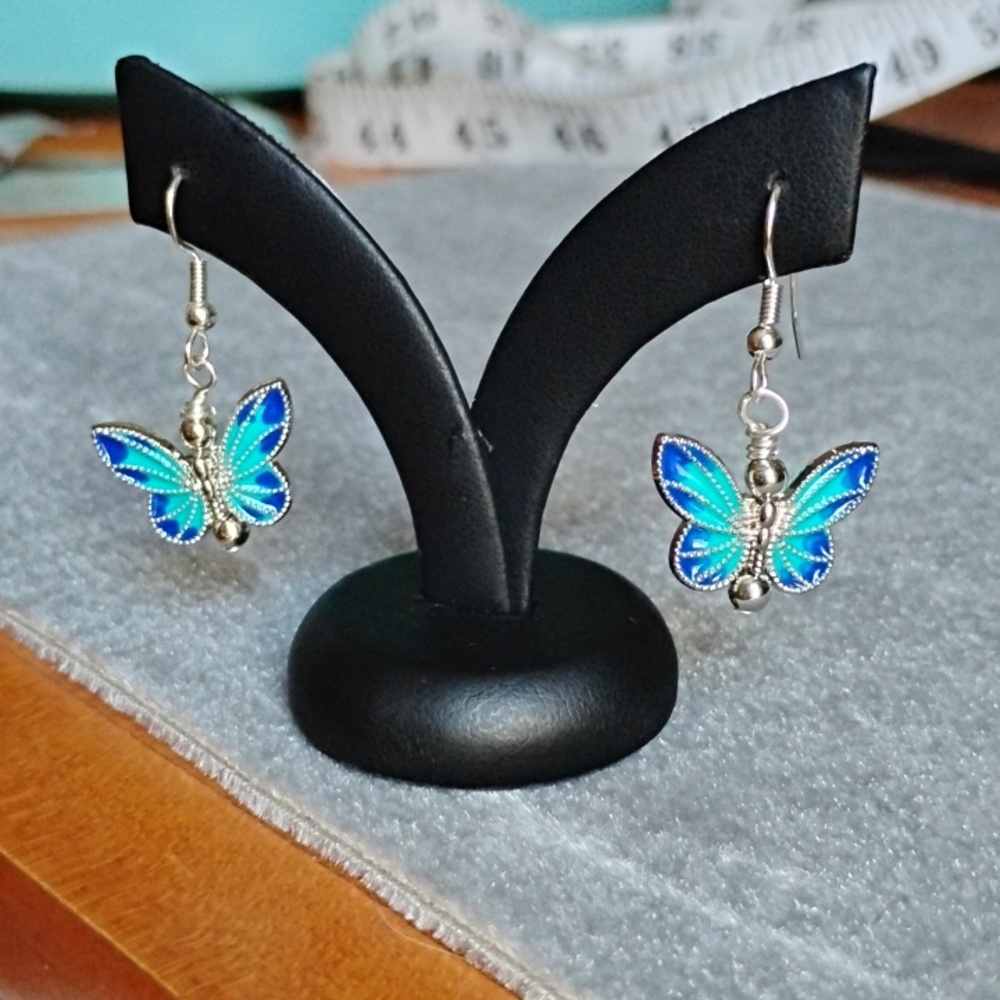 Hand Crafted Shades Of Blue And Silver Butterfly Drop Earrings